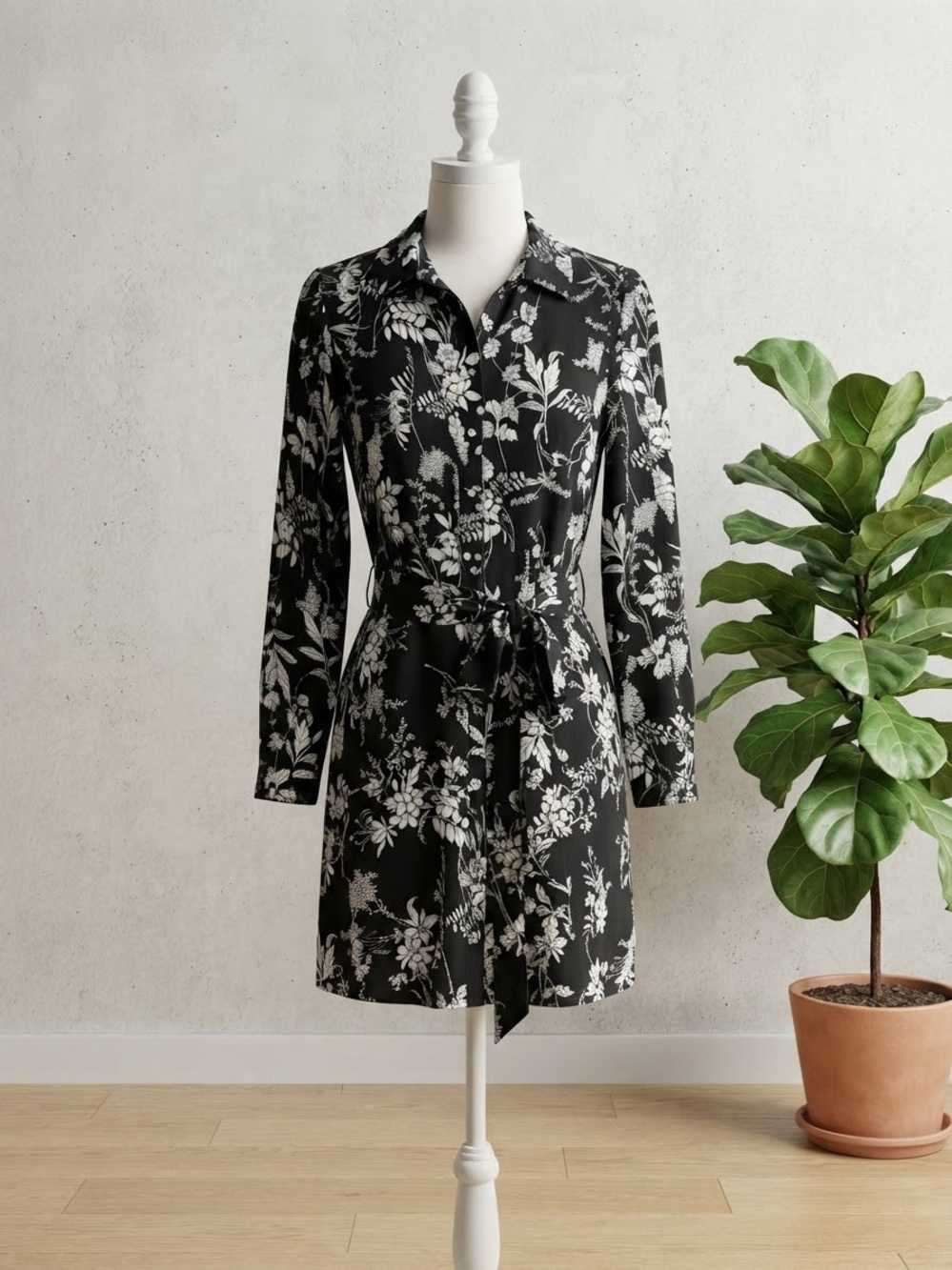 Well Worn Black and White Floral Long Sleeve Shirt Dress